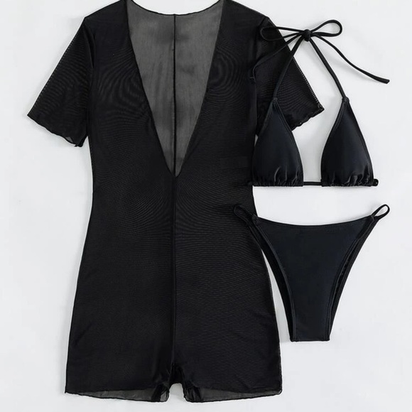 Bikini Set Micro Bra & Bottom & Short Sleeve Romper 3 Piece Bathing Suit - Picture 2 of 2